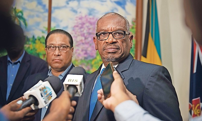 Prime Minister Dr Hubert Minnis met with Premier of the Cayman Islands Alden McLaughlin yesterday to discuss Hurricane Dorian relief efforts. Photo: Shawn Hanna/Tribune Staff