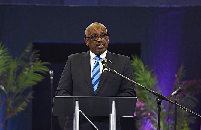 Prime Minister Dr Hubert Minnis speaks at the service on Wednesday. Photo: Shawn Hanna/Tribune staff
