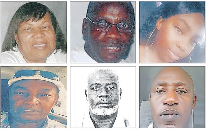 Clockwise from top left, Sybil Pinder, Roswell Pinder, Tanae Pinder, Terrell Lightbourne, George Laing, and Clarence Jones, who have all been missing from High Rock since Hurricane Dorian.