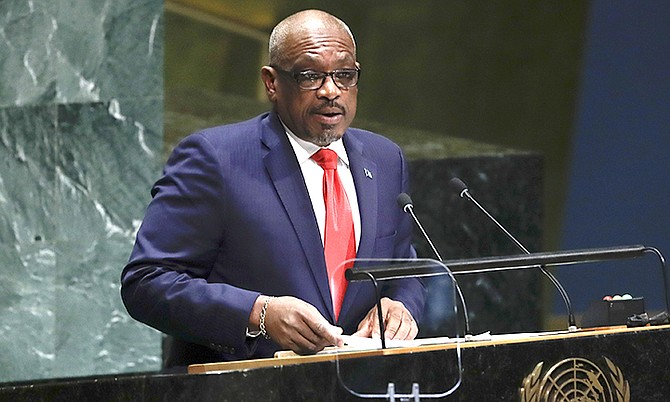 Prime Minister Dr Hubert Minnis addresses the 74th session of the United Nations General Assembly, Friday at the United Nations headquarters. (AP Photo/Frank Franklin II)