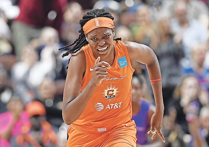 Sun’s Jonquel Jones runs hard in the second half of a WNBA playoff game. Jones and Connecticut are set to go head-to-head against the Washington Mystics and the reigning league MVP - Elena Delle Donne - in game one of the WNBA Finals 3pm Sunday.

(AP Photo/Jessica Hill)