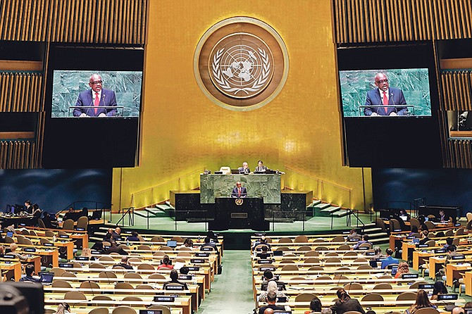 Prime Minister Dr Hubert Minnis addresses the 74th session of the United Nations General Assembly. (Photo: Richard Drew/AP)