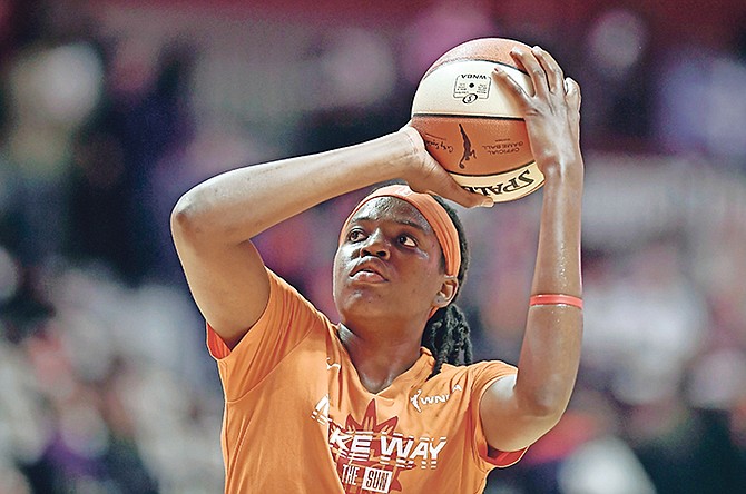 Connecticut Sun’s Jonquel Jones warms up before Game 3 of basketball’s WNBA Finals against the Washington Mystics, Sunday, in Uncasville, Conn.

(AP Photos/Jessica Hill)