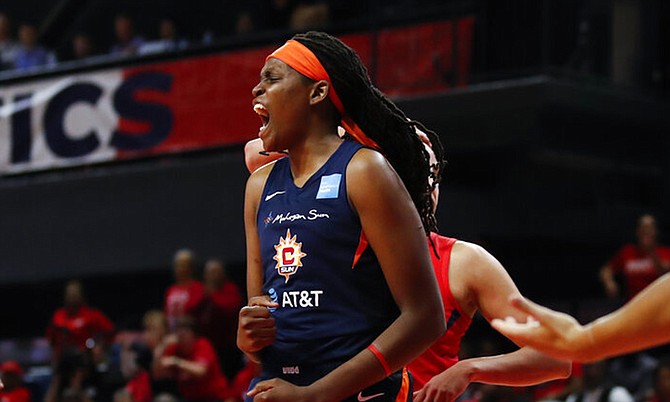 Connecticut Sun forward Jonquel Jones celebrates after her basket during the first half of Game 5 of basketball's WNBA Finals against the Washington Mystics, Thursday. (AP Photo/Alex Brandon)