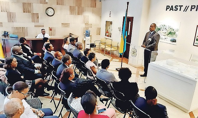 Captain Stephen Russell, Director of NEMA, thanks the Central Banks of the Bahamas, and of Trinidad and Tobago for contributing towards the Hurricane Dorian relief efforts. Photo: NEMA