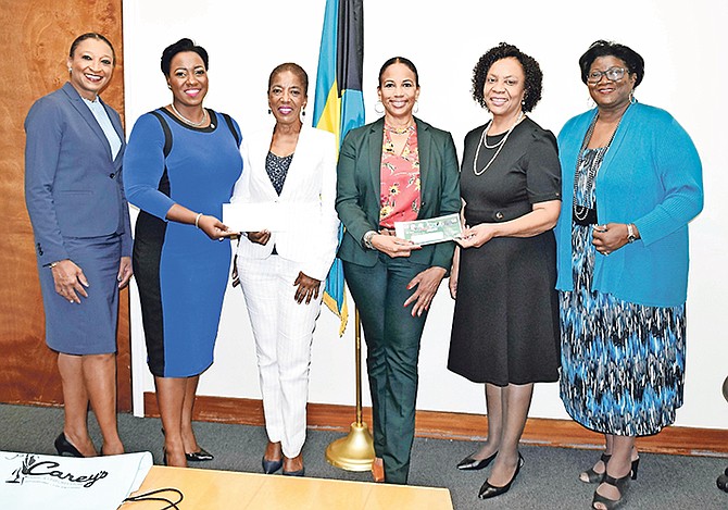 FROM left, Inga Bowleg, director of business development, John Bull Group of Companies; Khrystle Rutherford-Ferguson, chairman of the Bahamas Chamber of Commerce and Employers’ Confederation (BCCEC); Patricia Minnis, wife of Prime Minister Dr Hubert Minnis and patron of the Bahamas Chamber of Commerce and Employers’ Confederation’s #fitforschool initiative; Kim Gibson, manager, Carey’s Fabric & Uniform Store; Kim Sawyer, deputy director, Ministry of Social Services and Urban Development; and Charlamae Fernander, assistant director, Ministry of Social Services and Urban Development. Photo: Derek Smith/BIS