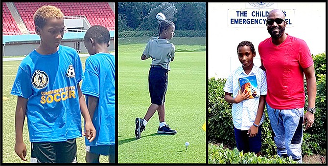 Makaio playing football, left; on the golf course, centre; and with the founder of A Hand Up Foundation, Mark Brown.