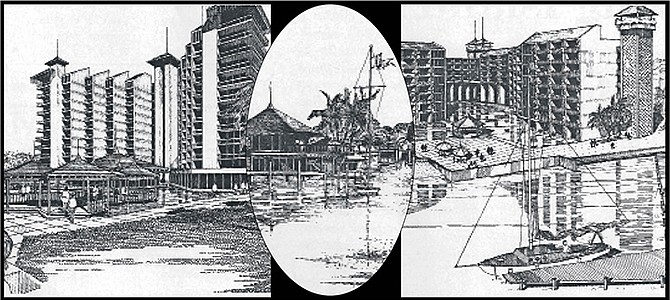 Left: The largest of the planned hotels, with 600 rooms; Centre: The world’s first floating hotel; Right: Another 213-bedroomed hotel was also part of the project.