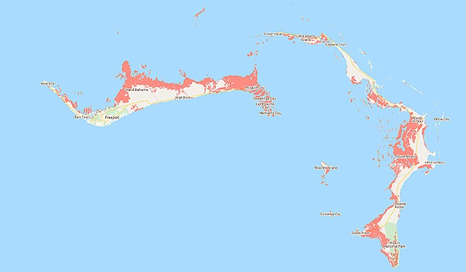 A projected view of 2050 – red areas are 'land at risk' .
(Climate Central and Google Maps).