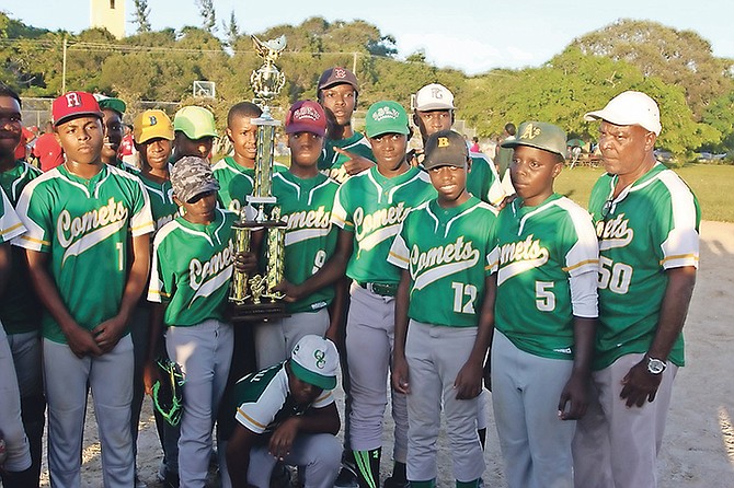 Queen’s College Comets Junior Boys softball team with their trophy.