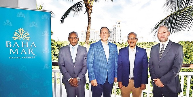 SHOWN (l-r) are Jeff Rodgers, MOTA, Graeme Davis, Baha Mar, Dionisio D’Aguilar, Minister of Tourism and Aviation and Brooks Downing, CEO bdG Sports.