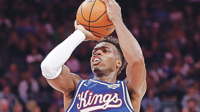 Sacramento Kings guard Buddy Hield shoots against the Boston Celtics during the first half in Sacramento, California, on Sunday. The Kings won 100-99.

(AP Photo/Rich Pedroncelli)