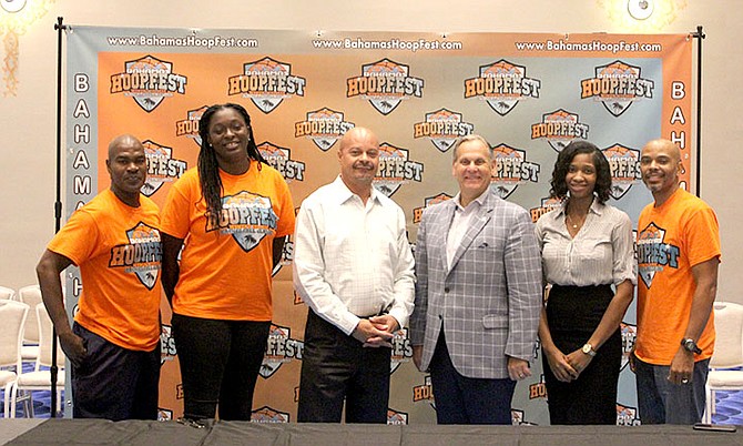 SHOWN (l-r) are Bahamas Hoopfest co-founder Marvin Henfield, Waltiea Rolle, Tommy Thompson, deputy director general in the Bahamas Ministry of Tourism and Aviation, Graeme Davis, president at Baha Mar, Jurelle Mullings, Bahamas Basketball Federation secretary general, and Bahamas Hoopfest co-founder Dr Simeon Hinsey.