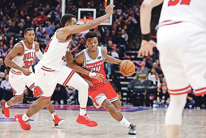 Sacramento Kings guard Buddy Hield (24) drives against Chicago Bulls centre Wendell Carter Jr during the second half on Monday night. The Bulls won 113-106.
(AP Photo/Rich Pedroncelli)