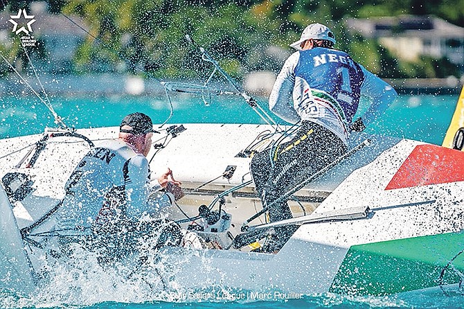 Diego Negri of Italy (captain) and Frithjof Kleen of Germany (crew) were just one point behind headed into yesterday’s competition but surged atop the leaderboard after a trio of top five finishes in Montagu Bay.
Photo: Marc Rouiller/Star Sailors League