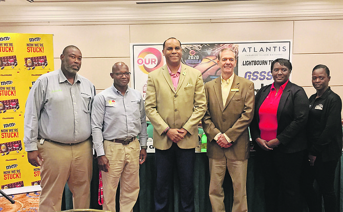 CHAMPIONSHIP SERIES: Pictured (l-r) are Fred Taylor, Lightbourn Trading, Joseph Culmer, Lightbourn Trading, Evon Wisdom, MOE Sports Unit, Rick Gallagher, Atlantis vice president of entertainment and special events, Varel Davis, GSSSA President, and Fiona Tucker, GSSSA secretary.