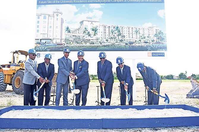 The University of The Bahamas held a groundbreaking ceremony yesterday for the institution's residential and multipurpose complex. Pictured from (L-R) are: Judson Wilmott, Construction Engineer; Ken Kerr, Providence Advisors CEO and Chief Investment Officer; John Rodgers, UB Board Chairman; Dr. Rodney Smith, UB President; Dr. Hubert Minnis, Prime Minister; Jeff Lloyd, Minister of Education and Julian Francis, Providence Advisors Chairman. Photo: Shawn Hanna/Tribune Staff