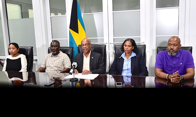 Acting Minister of Health Jeffrey Lloyd (centre) announced that a 61-year-old female resident of New Providence who does not have relevant travel history is the first confirmed person with COVID-19 in The Bahamas during a press conference at the Ministry of Health, Sunday. Also seated from left: Dr. Nikkah Forbes, Director of Infectious Diseases and Manager of the National AIDS Centre; Permanent Secretary, MOH, Marco Rolle; Chief Medical Officer, Dr. Pearl McMillan and Deputy Chief Medical Officer, Dr. Delon Brennen.  (BIS Photos/Kemuel Stubbs)