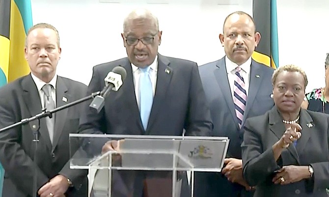 Prime Minister Dr Hubert Minnis speaks to the media.