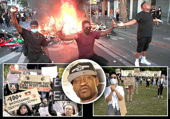 WORLDWIDE DEMONSTRATIONS: Top: Protesters kneel in Paris; left: People gather in Sydney, Australia; right: People observe social distancing as they take part in a demonstration in The Hague, Netherlands; centre: George Floyd