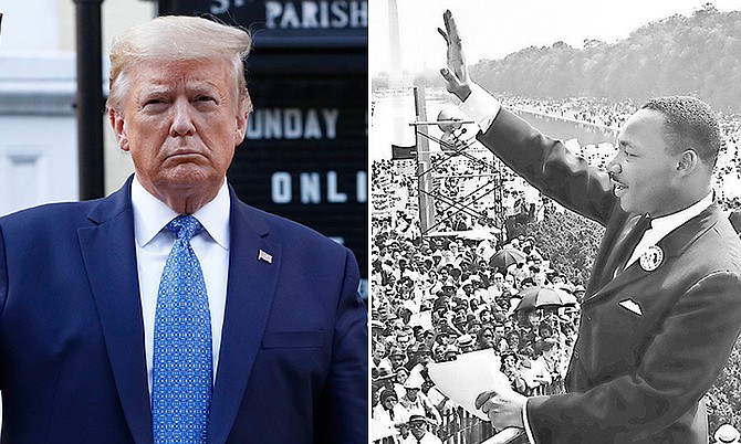 President Donald Trump on his visit to St John’s Church across from the White House on Monday; right: Dr Martin Luther King Jr at a rally in 1963.
