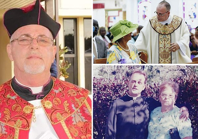 This month, “Father Scott” celebrates 35 years as a priest. Top right, talking to former Governor General Dame Marguerite Pindling in 2015 on the 30th anniversary of him becoming a priest. Above right, as assistant priest at St Matthews in 2000.
