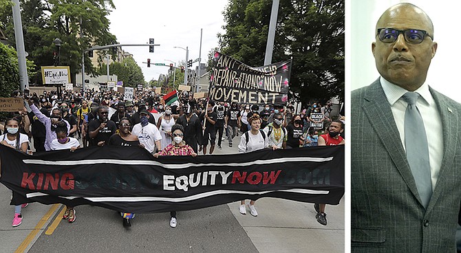 Left: People taking part in a Juneteenth march in Seattle to protest against police violence and racism. Right: National Security Minister Marvin Dames.