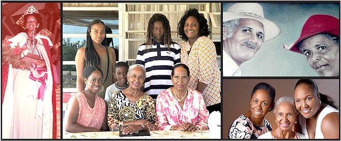 Bottom right: Agatha and her daughters, Alisa (left) and Felicity; left: 18-year-old Agatha takes the Miss Bahamas crown in 1973 for a newly-Independent Bahamas; middle: Agatha (centre) surrounded by family - seated (l-r)  daughter Alisa and cousin Felice; standing (l-r) granddaughter Malia; grandsons Stameko (Jay-Jay) and Emmanuel; and daughter Felicity; top right: Agatha’s parents, William and Olga Watson of Gordon’s Long Island.