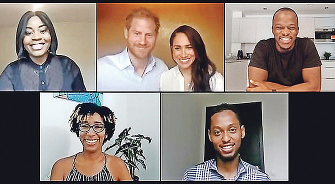 Prince Harry risked upsetting the Royal family by insisting the Commonwealth “must acknowledge the past” in a video call with his wife Meghan Markle and young leaders from across the Commonwealth. Pictured bottom left is Alicia Wallace. Also taking part in the video call were Chrisann Jarrett and Mike Omoniyi (top left and right) from the UK, and Abdullahi Alim from Australia, bottom right.