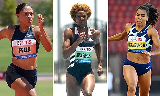 Allyson Felix, Shaunae Miller-Uibo and Mujinga Kambundji compete in the 150m.