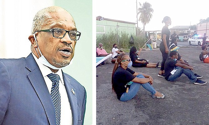 Prime Minister Dr Hubert Minnis and people protesting near Windsor Park yesterday, angry at the lack of notice given for New Providence’s seven-day lockdown.