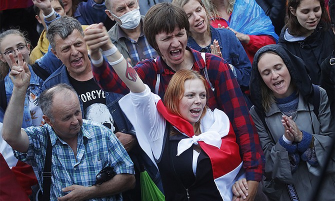 Belarusian opposition supporters at a protest rally.