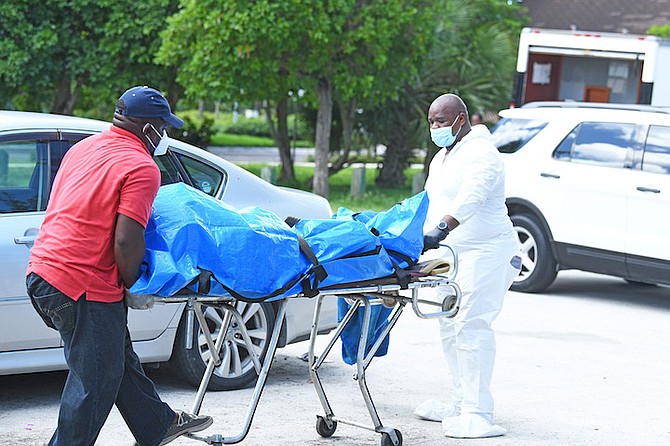 The body is removed from the scene at Goodman's Bay. Photos: Shawn Hanna/Tribune staff