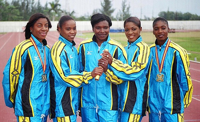 Golden Girls Debbie Ferguson-McKenzie, Chandra Sturrup, Pauline Davis-Thompson, Eldece Clarke and Savatheda Fynes-Coke from left to right.