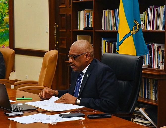 Prime Minister Dr Hubert Minnis, at virtual Meeting of UN Heads of State and Government on Tuesday.  (BIS Photo/Yontalay Bowe)