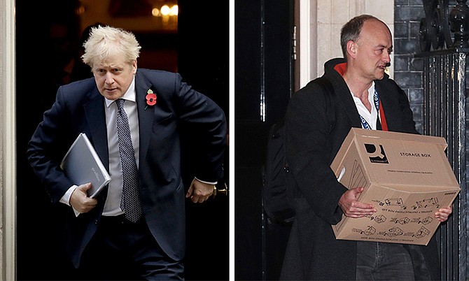 BRITISH Prime Minister Boris Johnson and, right, his advisor Dominic Cummings leaving 10 Downing Street with a box on Friday.