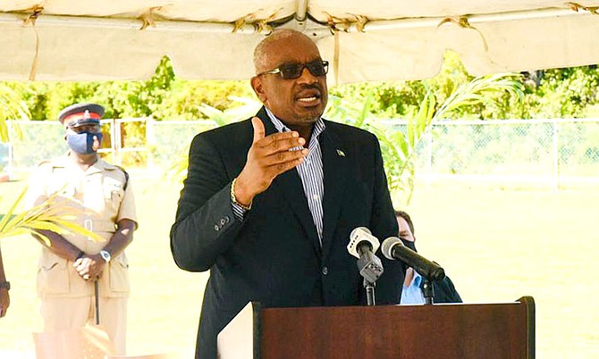 Prime Minister Dr Hubert Minnis speaking in Abaco on Friday. (BIS Photos/Yontalay Bowe)