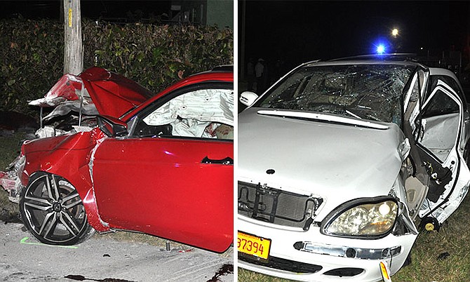 A red Honda Accord Coupe and a white Mercedes Benz were involved in a crash on Grand Bahama on Saturday. Photos: Vandyke Hepburn