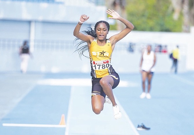 AN athlete competes in the Bahamas Association of Athletic Associations’ first track and field meet - held on Saturday at the Thomas A Robinson National Stadium - since the coronavirus pandemic broke out in March.
Photo: Terrel W Carey/Tribune Staff