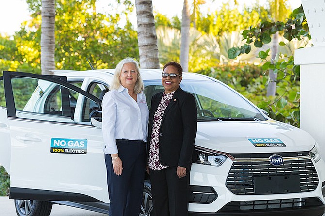 PIA Farmer of EASY CAR SALES, pictured with Joan Albury, CEO and Founder of the TCL Group, offered a video presentation on the “Evolution of Transportation to Electric Vehicles” at the recent Bahamas Business Outlook.