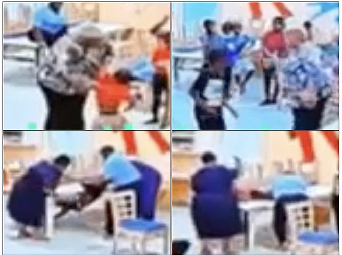 In these images taken from video, a number of adults are seen hitting children with canes, including holding them down on a table to do so.