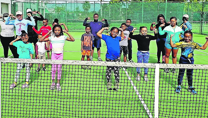 PARTICIPANTS enjoy the Bahamas Lawn Tennis Association’s “Play Tennis” programme, featuring an introduction to the backhand stroke. Play Tennis has welcomed up to approximately 20 participants
since its resumption at the beginning of the year, keeping in line with social distancing and safety protocols.