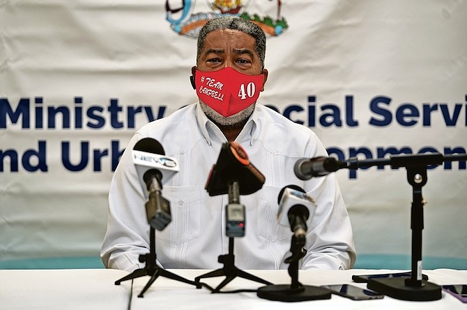 MINISTER of Social Services Frankie Campbell speaking to the media yesterday.
Photo: Terrell W Carey Sr/Tribune Staff