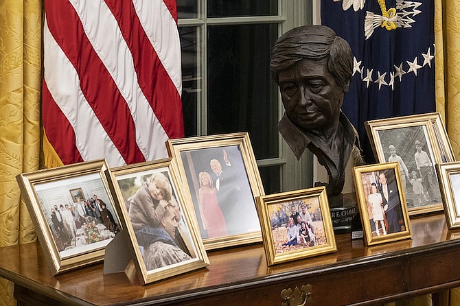 OUT with Churchill, in with Chavez. There’s no room for the bust of Winston Churchill in the Oval Office under President Joe Biden, but there’s a place for union leader Cesar Chavez. (AP)
