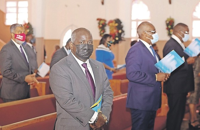 OPPOSITION leader Phillip ‘Brave’ Davis, Prime Minister Dr Hubert Minnis and other politicians at the annual Parliamentary church service yesterday. Photo: Donovan McIntosh/Tribune Staff
