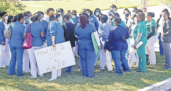 NURSES holding a protest outside the Office of the Prime Minister yesterday. Photos: Donovan McIntosh/Tribune Staff