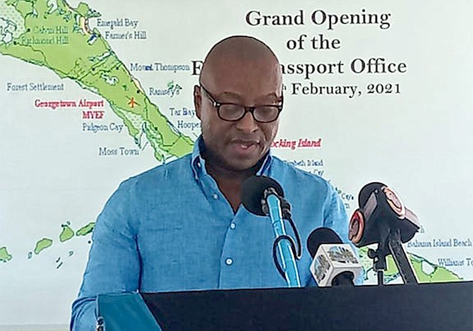 NORTH Abaco MP and Minister of Foreign Affairs Darren Henfield speaks on Friday at the official opening of the Exuma Passport Office.
(BIS Photo/Ulric Woodside)