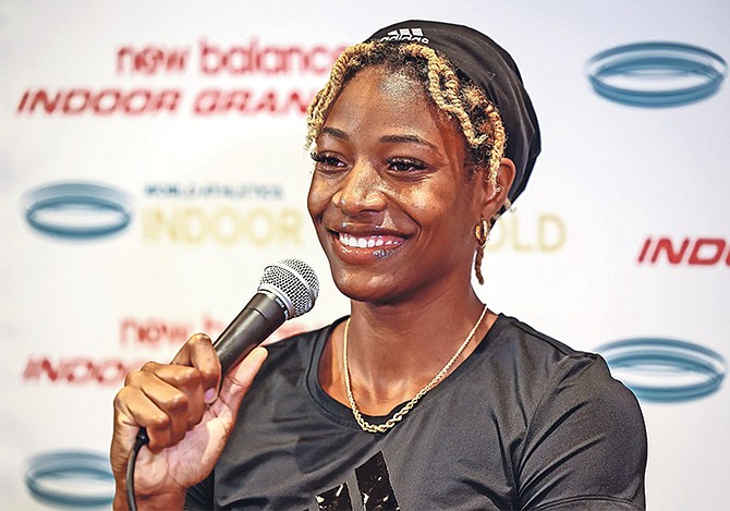 SHAUNAE MILLER-UIBO speaks during a press conference at the New Balance Indoor Grand Prix in Staten Island, New York, on February 13. Photo: Kevin Morris of Global Athletics.