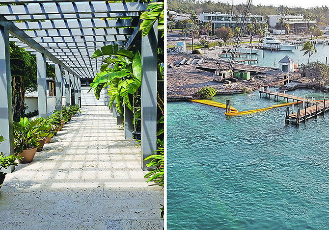 Island House and, right, the Hurricane Hole Marina pictured from atop the bridge.