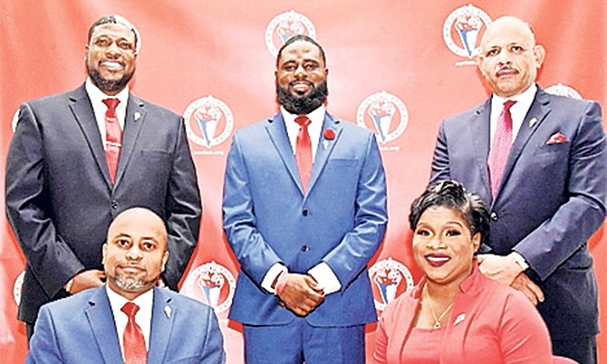 FRONT, from left, Senator Kwasi Thompson (East Grand Bahama), Vandea Stuart (South Abaco),
(back) Carlton Bowleg Jr (North Andros and The Berry Islands), Courtney Coulibaly (Centreville), Dr
Duane Sands (Elizabeth).